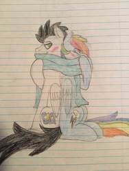 Size: 2448x3264 | Tagged: safe, artist:skysketch56, rainbow dash, soarin', pony, g4, blushing, clothes, crayon drawing, high res, irl, lined paper, male, photo, scarf, shared clothing, shared scarf, ship:soarindash, shipping, straight, traditional art