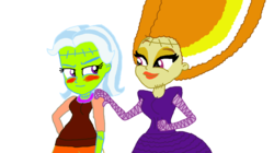 Size: 1193x670 | Tagged: safe, artist:ktd1993, adagio dazzle, trixie, equestria girls, g4, blushing, female, frankenstein's monster, lesbian, ship:triagio, shipping