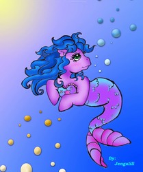 Size: 939x1122 | Tagged: safe, artist:jengalill, baby sea shimmer, merpony, g1, 2001, bubble, fancy mermaid ponies, photoshop, solo, underwater