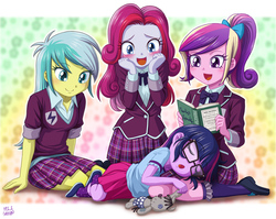 Size: 1254x1000 | Tagged: safe, artist:uotapo, idw, dean cadance, diamond rose, lemony gem, princess cadance, sci-twi, smarty pants, twilight sparkle, human, equestria girls, g4, neigh anything, blushing, book, clothes, colored pupils, crystal prep academy uniform, cute, cutedance, equestria girls-ified, eyes closed, female, glasses, isaac newton, meganekko, not sunshower raindrops, open mouth, pleated skirt, ponytail, reading, school uniform, shoes, skirt, sleeping, smiling, socks, sweet dreams fuel, teen princess cadance, twiabetes, uotapo is trying to murder us, weapons-grade cute, younger