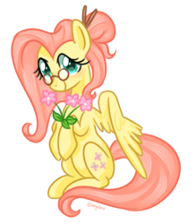 Size: 3500x4000 | Tagged: safe, artist:kaikururu, fluttershy, pegasus, pony, g4, alternate hairstyle, female, flower, glasses, hair bun, holding, hooves to the chest, looking at you, simple background, sitting, smiling, solo, spread wings, transparent background