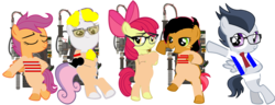 Size: 2158x829 | Tagged: safe, artist:jawsandgumballfan24, apple bloom, babs seed, rumble, scootaloo, sweetie belle, earth pony, pony, g4, 1000 hours in ms paint, abby yates, bipedal, bipedal leaning, clothes, cosplay, costume, cutie mark crusaders, erin gilbert, ghostbusters, ghostbusters 2016, glasses, jillian holtzmann, kevin (ghostbusters), leaning, patty tolan, proton pack, simple background, transparent background