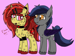 Size: 1280x960 | Tagged: safe, artist:php62, oc, oc only, oc:echo, oc:ruby splash, bat pony, pony, arm band, chest fluff, choker, dialogue, eyeshadow, freckles, gold star, hairclip, lidded eyes, looking at each other, makeup, puffy cheeks, spread wings, unamused
