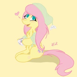 Size: 601x593 | Tagged: safe, artist:amare-fide, fluttershy, pegasus, pony, g4, chest fluff, coffee, cute, female, fluffy, hat, heart, holding, looking at you, mug, nightcap, no catchlights, no pupils, shyabetes, signature, simple background, sitting, solo, yellow background