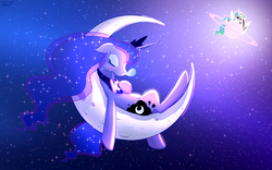 Size: 1920x1200 | Tagged: safe, artist:phoenixperegrine, princess celestia, princess luna, alicorn, pony, g4, absurd, binoculars, blushing, bubble, crescent moon, drool, eyes closed, floppy ears, moon, night, on back, ridiculous, saturn, sleeping, snot bubble, space, spying, stars, tangible heavenly object, wallpaper