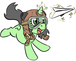 Size: 1034x835 | Tagged: safe, artist:lockhe4rt, oc, oc only, oc:filly anon, pony, unicorn, aviator goggles, aviator hat, female, filly, goggles, hat, paper airplane, simple background, solo, white background