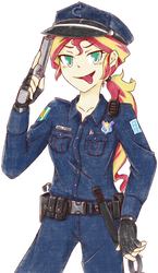 Size: 1190x2048 | Tagged: safe, artist:aka-ryuga, sunset shimmer, equestria girls, g4, belt, clothes, commando shimmer, female, fingerless gloves, gloves, gun, hat, looking at you, police officer, simple background, solo, tongue out, trigger discipline, weapon, white background