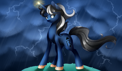 Size: 4500x2622 | Tagged: safe, artist:scarlet-spectrum, oc, oc only, oc:procellus, pony, unicorn, commission, glowing horn, high res, horn, lightning, male, rain, solo, stallion, storm