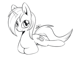 Size: 1024x787 | Tagged: safe, artist:dusthiel, lyra heartstrings, pony, unicorn, g4, black and white, female, grayscale, lineart, looking at you, monochrome, prone, sketch, smiling, solo