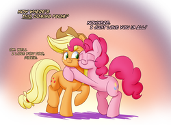 Size: 1500x1100 | Tagged: safe, artist:heir-of-rick, applejack, pinkie pie, pony, daily apple pony, g4, abstract background, colored pupils, cowboy hat, cute, dialogue, duo, eyes closed, female, free hugs, friendshipping, gradient background, hat, hug, one eye closed, pinkie being pinkie, raised hoof, simple background