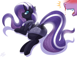 Size: 1391x1034 | Tagged: safe, artist:vavacung, nightmare rarity, spike, dragon, pony, unicorn, g4, backless, blood, butt, buttcrack, clothes, colored pupils, dock, female, looking back, male, mare, nosebleed, open-back sweater, plot, plotcrack, ship:nightmare sparity, shipping, sleeveless sweater, straight, sweater, tongue out, virgin killer sweater