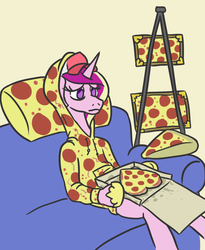 Size: 658x801 | Tagged: safe, artist:jargon scott, princess cadance, alicorn, pony, semi-anthro, g4, cadance's pizza delivery, cap, clothes, couch, empty eyes, female, floppy ears, food, frown, hat, heart, hoodie, hoof hold, mare, meat, no catchlights, no pupils, peetzer, pepperoni, pepperoni pizza, picture, pillow, pizza, pizza box, sad, simple background, sitting, solo, sweater, that pony sure does love pizza