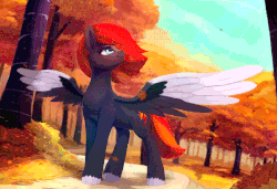 Size: 700x479 | Tagged: safe, artist:rodrigues404, oc, oc only, oc:flame runner, pegasus, pony, animated, autumn, cinemagraph, colored wings, crepuscular rays, falling leaves, female, forest, gif, leaves, looking up, scenery, scenery porn, solo, spread wings, tree, unshorn fetlocks, wind, windswept mane