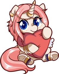 Size: 1461x1839 | Tagged: safe, alternate character, alternate version, artist:xwhitedreamsx, oc, oc only, pony, unicorn, colored pupils, cute, ear piercing, female, heart, heart pillow, jewelry, mare, ocbetes, piercing, pillow, simple background, solo, transparent background