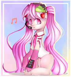 Size: 1567x1693 | Tagged: safe, artist:clefficia, oc, oc only, pony, clothes, colored pupils, cute, gradient background, hatsune miku, headset, music notes, ponified, raised hoof, sakura miku, sitting, solo, vocaloid