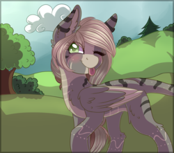 Size: 1700x1500 | Tagged: safe, artist:adostume, oc, oc only, oc:elyse, pony, blushing, cloud, colored pupils, commission, cute, ear fluff, fluffy, folded wings, hill, raised hoof, scenery, solo, tongue out, tree, walking, wing fluff
