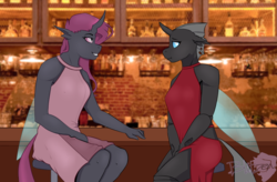 Size: 1800x1182 | Tagged: safe, artist:blitzenoo, oc, oc only, oc:imago, oc:xi, changeling, anthro, anthro oc, bar, changeling oc, clothes, dress, duo, duo female, female, looking at each other, purple changeling, smiling