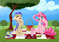 Size: 1000x717 | Tagged: safe, artist:unisoleil, pinkie pie, oc, oc:madeline, earth pony, pony, g4, cupcake, female, food, funny face, glasses, mare, picnic, picnic blanket, silly, silly pony