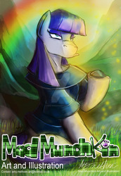 Size: 1024x1489 | Tagged: safe, artist:mad munchkin, boulder (g4), maud pie, earth pony, pony, g4, abstract background, clothes, color porn, duo, hoof hold, lidded eyes, pouting, rainbow, signature, unamused, watermark