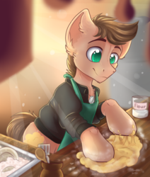 Size: 1024x1210 | Tagged: dead source, safe, artist:freckleplant, oc, oc only, earth pony, pony, apron, clothes, colored pupils, cooking, dough, male, solo, stallion