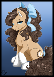 Size: 2893x4092 | Tagged: safe, artist:nothingspecialx9, oc, oc only, oc:daisy doe, earth pony, pony, bow, ear fluff, female, gradient background, hair bow, lidded eyes, looking at you, mare, raised hoof, sitting, smiling, solo