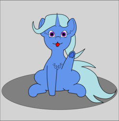 Size: 602x613 | Tagged: safe, artist:planetkiller, trixie, pony, unicorn, g4, :3, :p, chest fluff, cute, female, gray background, looking at you, no catchlights, simple background, sitting, solo, tongue out, underhoof