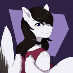 Size: 3000x3000 | Tagged: safe, artist:fairdahlia, oc, oc only, oc:lamika, pegasus, anthro, anthro oc, female, freckles, high res, mare, shoulder freckles, simple background, smiling, solo, spread wings