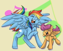 Size: 837x681 | Tagged: safe, artist:cnat, rainbow dash, scootaloo, pegasus, pony, g4, bandaid, duo, open mouth, scootalove, singing