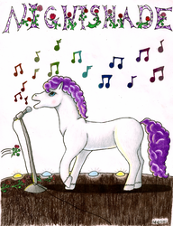 Size: 593x771 | Tagged: safe, artist:violetwhirlwind, knight shade, pony, g1, female, flower, microphone, rose, solo, stage, traditional art