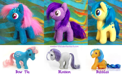 Size: 983x600 | Tagged: safe, artist:voodoo-tiki, blossom, bow tie (g1), bubbles (g1), pony, g1, g4, g1 to g4, generation leap, irl, photo, plushie, solo, toy