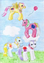 Size: 800x1129 | Tagged: safe, artist:normaleeinsane, cloud dreamer, cuddles (g1), floater, magic hat, earth pony, pegasus, pony, unicorn, g1, adorabledreamer, balloon, bow, cloud, cloudy, cuddledorable, cute, diahats, female, floatabetes, flying, magic message ponies, mare, raised hoof, smiling, tail, tail bow, teddi, teddibetes, traditional art