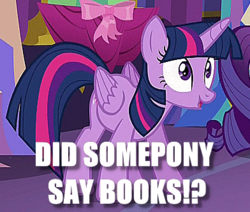 Size: 392x332 | Tagged: safe, edit, edited screencap, screencap, rarity, twilight sparkle, alicorn, pony, g4, gauntlet of fire, book, bookhorse, cute, dork, excited, image macro, meme, that pony sure does love books, twilight sparkle (alicorn)
