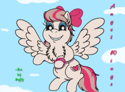 Size: 2217x1633 | Tagged: safe, artist:puffydearlysmith, derpibooru exclusive, angel wings, pegasus, pony, g4, bow, bracelet, chest fluff, cloud, female, flying, hair bow, jewelry, mare, smiling, solo