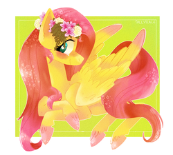Size: 1000x900 | Tagged: safe, artist:tallykale, fluttershy, pegasus, pony, g4, blushing, colored hooves, colored wings, colored wingtips, crossed hooves, female, floral head wreath, flower, flower in hair, looking at you, profile, smiling, solo, turned head, unshorn fetlocks