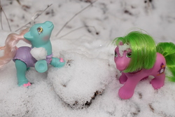 Size: 4272x2848 | Tagged: safe, artist:flicksi, baby tippytoes, baby waddles, pony, g1, baby, baby pony, high res, irl, photo, snow, snowball, toy