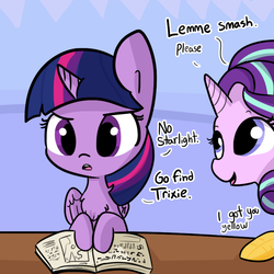 Size: 792x792 | Tagged: safe, artist:tjpones, starlight glimmer, twilight sparkle, alicorn, bird, pony, unicorn, g4, behaving like a bird, birb, book, chest fluff, dialogue, duo, exploitable meme, female, lemme smash, lesbian, meme, open mouth, reference, ship:twistarlight, shipping, twilight sparkle (alicorn), wing fluff