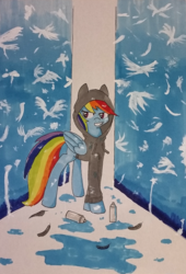 Size: 787x1157 | Tagged: safe, artist:ailynd, rainbow dash, pony, g4, clothes, feather, female, hoodie, solo, spray can, traditional art