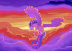 Size: 2560x1810 | Tagged: safe, artist:arareroll, twilight sparkle, alicorn, pony, g4, cloud, female, flying, solo, twilight sparkle (alicorn)