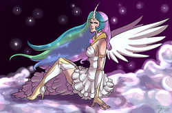 Size: 1280x845 | Tagged: safe, artist:myloveless, princess celestia, human, g4, clothes, cloud, dress, female, high heels, horn, horned humanization, humanized, looking at you, sitting, solo, winged humanization, wings