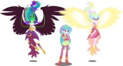 Size: 8000x4274 | Tagged: safe, artist:orin331, princess celestia, equestria girls, g4, absurd resolution, alternate universe, artificial wings, augmented, boots, clothes, crossed arms, dark magic, daydream-ified, dress, female, floating, gloves, high heel boots, magic, magic wings, midnight-ified, simple background, sleeveless, solo, sombra eyes, strapless, transparent background, triality, vector, wings, younger