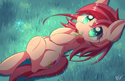 Size: 1190x770 | Tagged: safe, artist:kawaiipony2, roseluck, earth pony, pony, g4, blushing, colored pupils, cute, female, flower, grass, hnnng, looking at you, lying down, mare, mouth hold, on back, rose, signature, smiling, solo, underhoof
