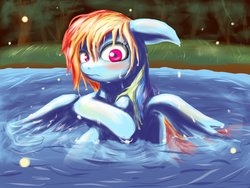 Size: 1600x1200 | Tagged: dead source, safe, artist:frontline, rainbow dash, pegasus, pony, g4, bathing, blushing, female, floppy ears, grass, looking at you, mare, outdoors, pond, solo, spread wings, tree, water, wet, wet mane, wings