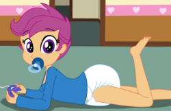 Size: 3903x2527 | Tagged: safe, artist:boxtrot, scootaloo, equestria girls, g4, barefoot, crinkleloo, cute, cutealoo, diaper, feet, female, high res, non-baby in diaper, pacifier, poofy diaper, solo, video game