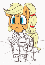 Size: 1280x1854 | Tagged: safe, artist:pabbley, applejack, earth pony, pony, g4, alternate hairstyle, armor, clothes, crossover, dune, female, fremen, partial color, solo, stillsuit