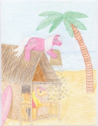 Size: 3805x4886 | Tagged: safe, artist:flicksi, sea breeze, snowflake (g1), g1, absurd resolution, beach, colored pencil drawing, house, palm tree, pencil drawing, surfboard, traditional art, tree, tropical ponies, tropical pony