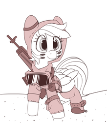 Size: 1280x1464 | Tagged: safe, artist:pabbley, rainbow dash, pony, g4, clothes, desert, female, goggles, gun, hoodie, monochrome, scarf, solo, wasteland, weapon