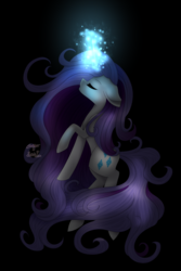 Size: 2318x3460 | Tagged: safe, artist:cinnamontee, artist:punzieflower2002, rarity, pony, g4, eyes closed, female, glowing horn, high res, horn, loose hair, rearing, solo