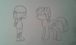 Size: 1023x614 | Tagged: safe, artist:peternators, oc, oc only, oc:neigh sayer, earth pony, human, pony, estories, lucy loud, monochrome, sketch, the loud house, traditional art