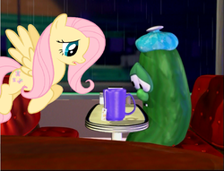 Size: 692x530 | Tagged: safe, fluttershy, g4, crossover, feelings, larry the cucumber, sympathy, veggietales