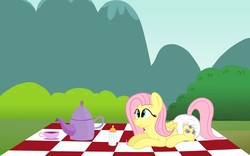 Size: 1280x800 | Tagged: safe, artist:fallingferret, artist:hodgepodgedl, fluttershy, pony, g4, bottle, diaper, female, non-baby in diaper, solo, tea party